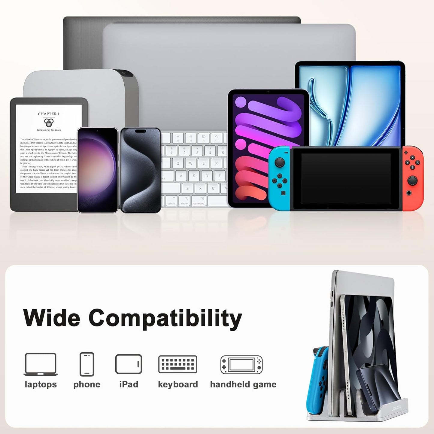 JARLINK 4-in-1 Adjustable Vertical Laptop Stand Holder, Aluminum Dual Slots Laptop Rack for Desk, Space-Saving Organizer Compatible with All MacBook, Surface, Chromebook, and Gaming Laptops (Silver)