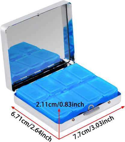 8‑Compartment Metal Pill Box Organizer – Portable Medicine Case 3″×2.6″ | Food‑Grade Dividers | Secure Snap Button Lid | Travel & Gift for Seniors (Starry Swirl in Wheatfield)