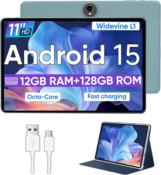 Android 15 Tablet,11 Inch Tablets with Octa Core Processor, 12GB RAM + 128GB ROM 1TB Expand, Widevine L1, 8000mAh Battery, 2.4/5Ghz Dual Band WiFi/GPS/FM Radio,5/8MP Cameras, Case Included - Blue