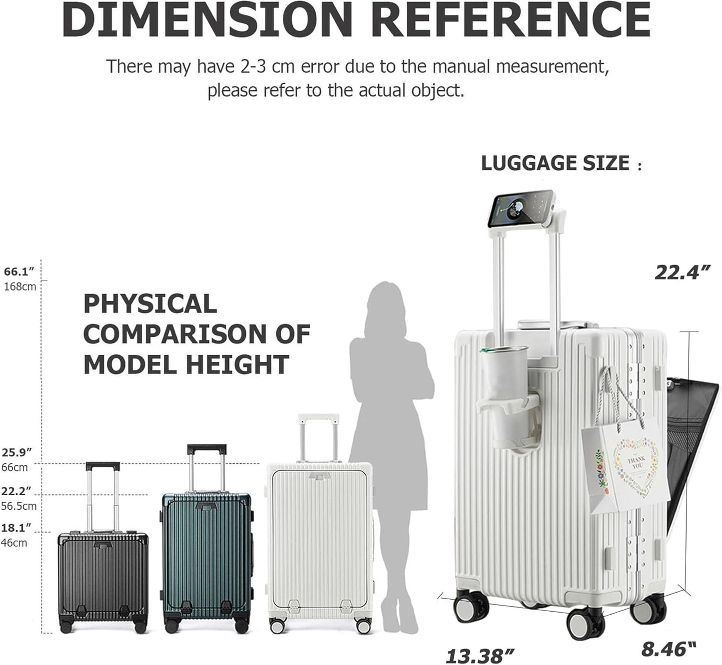 feilario 20in Aluminium Frame PC Hard Shell Spinner Wheels Luggage, Built-In TSA lock Carry on Suitcase, with Cup Holder, USB Port, Phone Holder ﻿