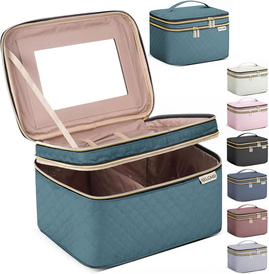 Large Makeup Bag with Mirror Double Layer Travel Make Up Organizer Case, Large Capacity Coemetic with Brush Slot Divider, Travel Toiletry Bag for Women (Lake Blue)