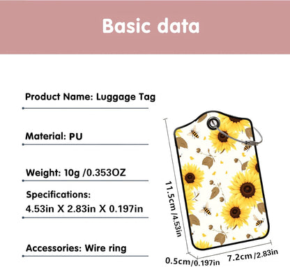Luggage Tags for Suitcases, 2-Pack PU Leather for Cruise & Travel, Baggage ID Tags with Privacy Cover & Address Card, Durable Metal Ring, Kids Adults Travel Accessories, Sunflower Buzz