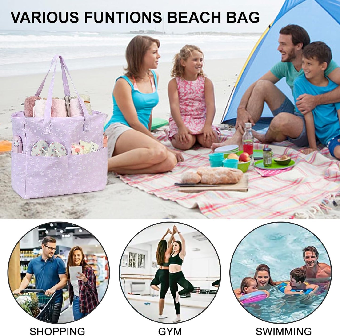 Waterproof Beach Tote Pool Bags for Women Ladies Extra Large Gym Tote Carry On Bag With Wet Compartment for Weekender Travel