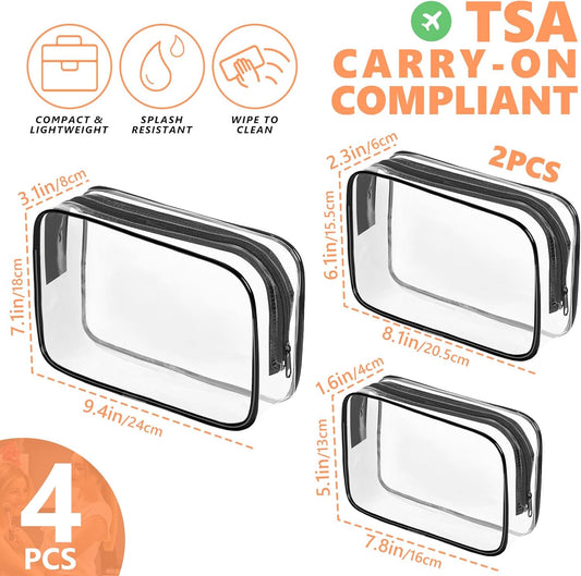 AURUZA 4 Pack Clear Toiletry Bag, Portable Travel Makeup Pouch with Zipper, TSA Approved Organizer, PVC Cosmetic for Airport Airline Compliant