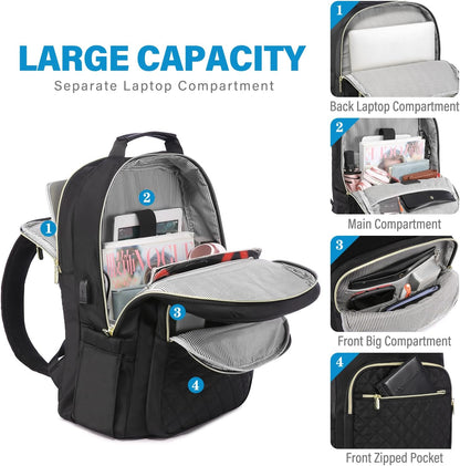 LOVEVOOK Laptop Backpack Purse for Women, Work Business Travel Computer Bags with 15.6 Inch Laptop Compartment, Teacher Nurse Backpack for Womens, Quilted Casual Daypack with USB Port, Black
