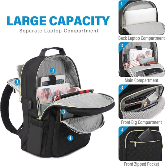 LOVEVOOK Laptop Backpack Purse for Women, Work Business Travel Computer Bags with 15.6 Inch Laptop Compartment, Teacher Nurse Backpack for Womens, Quilted Casual Daypack with USB Port, Black