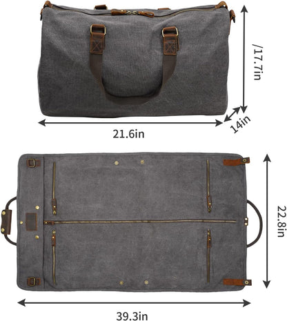 2 in 1 Canvas Leather Suit Luggage Garment Bag with Shoulder Strap for Travel and Business Trips (Grey)