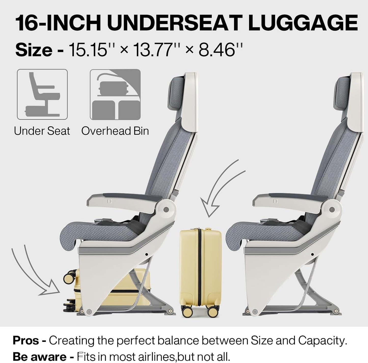 mixi Underseat Carry on Luggage 16 Inch Hardshell PC Suitcase with Spinner Wheels TSA Lock for Travel, Lark Yellow