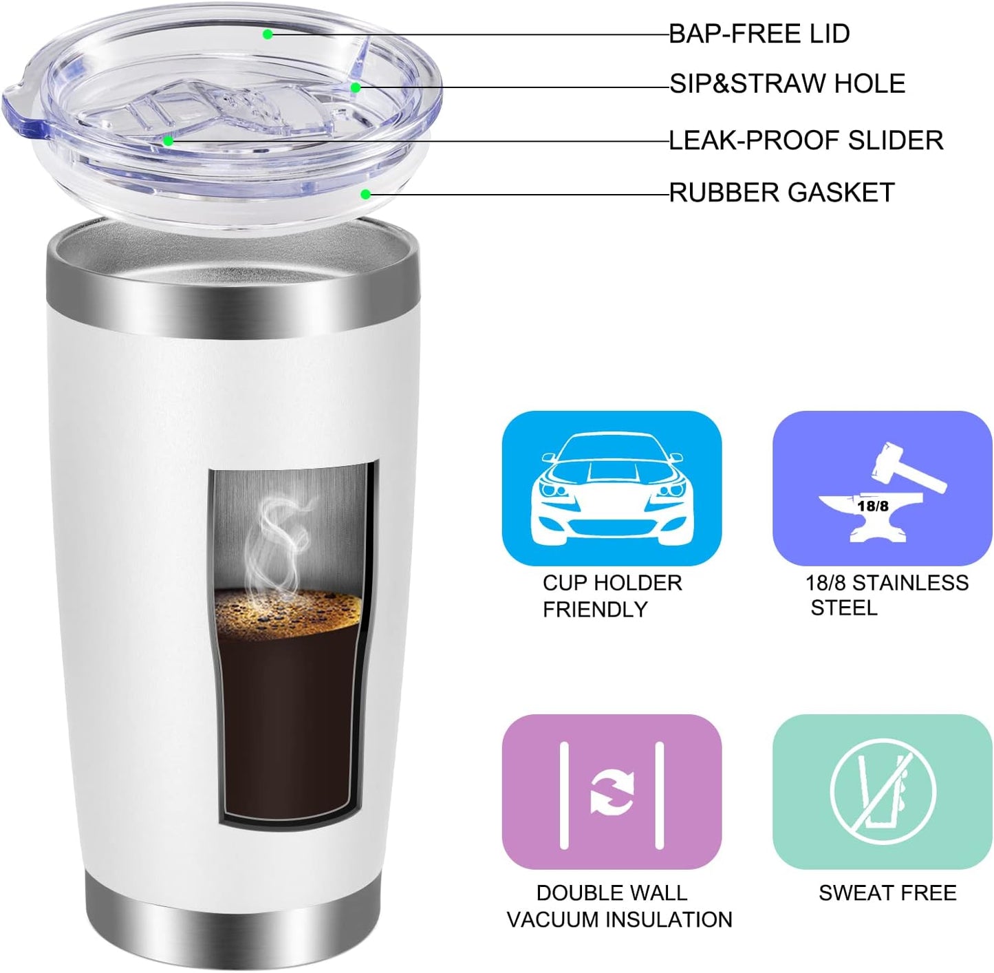 VEGOND 20oz Tumbler with Lid and Straw Stainless Steel Tumbler Cup Bulk Vacuum Insulated Double Wall Travel Coffee Mug Powder Coated Coffee Cup(White 6 Pack