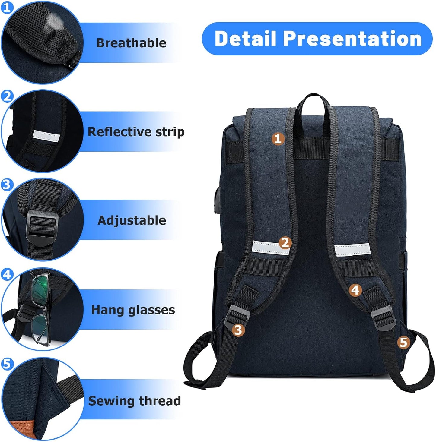 HFSX Anti Theft Laptop Backpack Men Women Business Travel Computer Backpack College Bookbag Stylish Water Resistant Vintage Backpack with USB Port Fits 15.6 Inch Laptop Blue