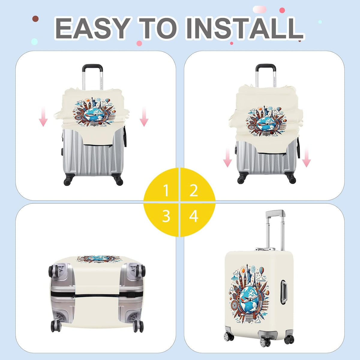 ANNA QUEEN Travel Around the World Luggage Cover, Colorful Landmark Suitcase Protector with Airplane & Globe Design, Stretchable, Washable Travel Sleeve for 28-30 Inch Luggage