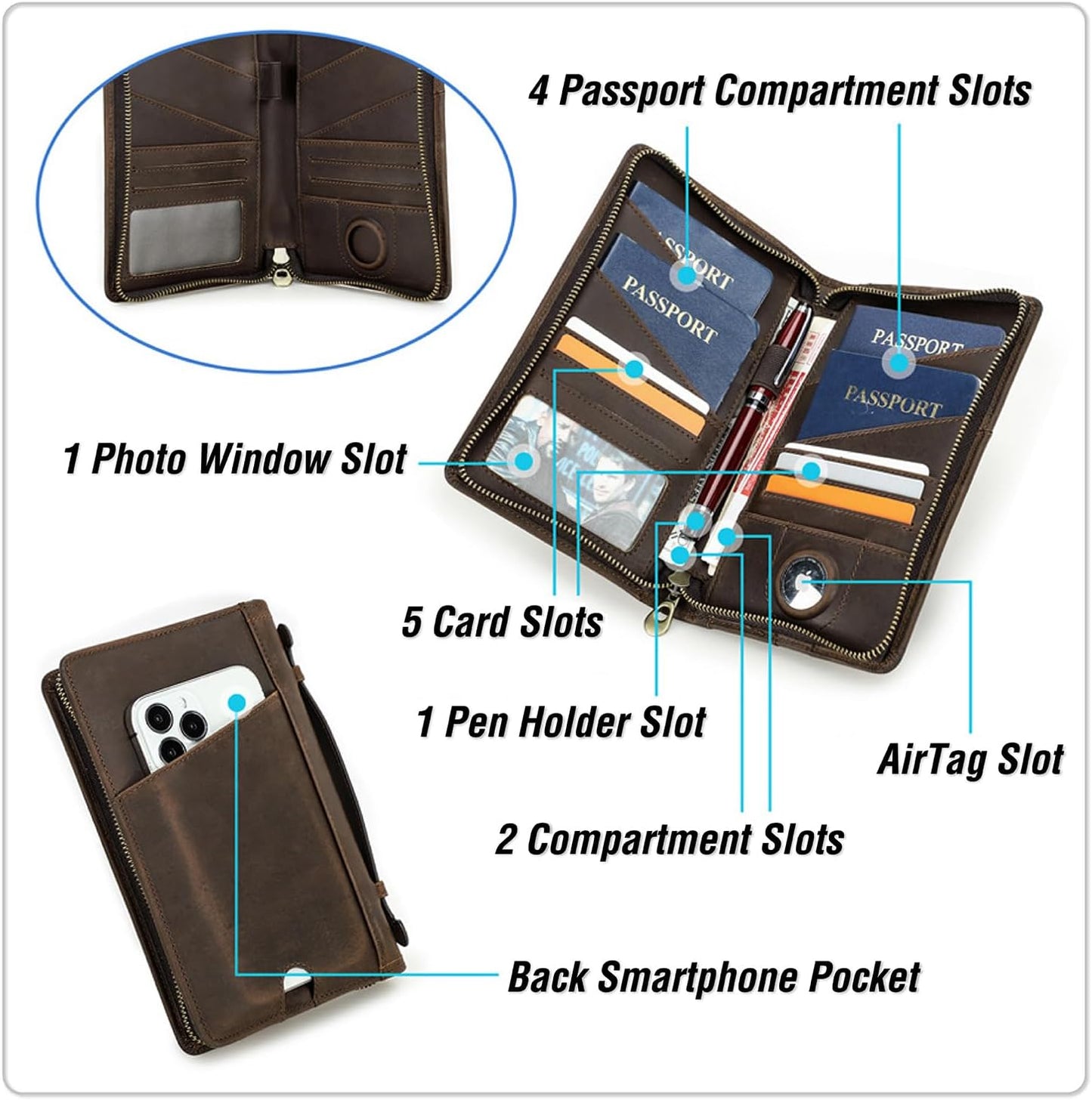 Top Grain Leather Travel Passport Wallet Holder Case for Man & Woman, Handmade for 4 Passports & Multi Cards, RFID Blocking Large Capacity for Cards/Passports/Tickets/AirTag, Matte Coffee