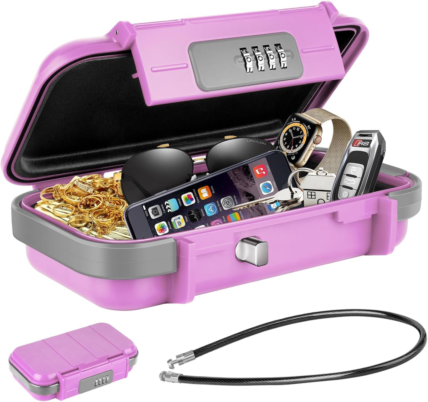 HUANLANG Portable Safe Lock Box with Combination Lock Mini Beach Travel Safe Waterproof Small Lockable Box with Removable Wire Rope Combination Safe Box for Dorm,Travel,Beach,Hotel,Car,Home,Office