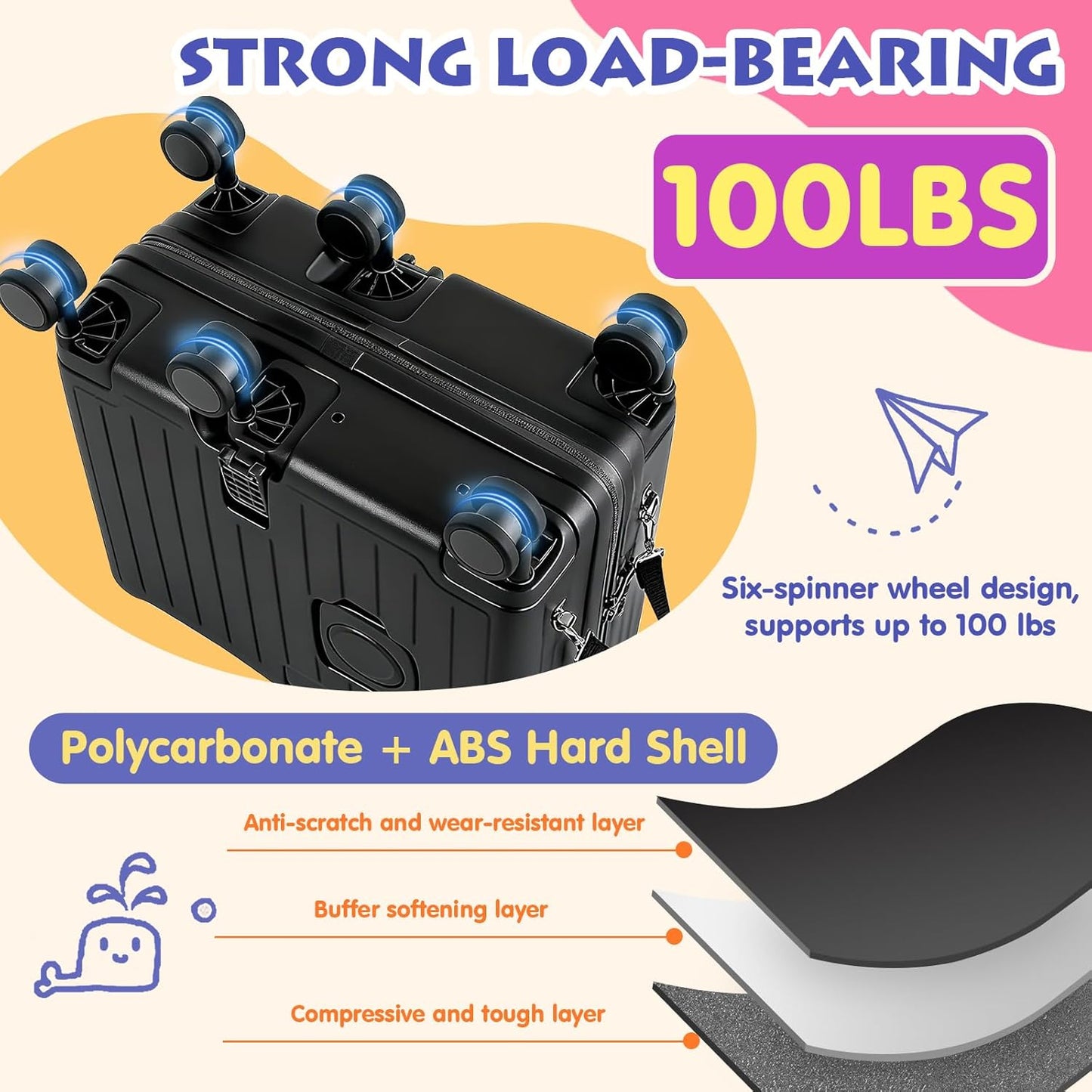 Kids Ride-On Luggage, 20" Hardshell Carry-On Suitcase with 6 Spinner Wheels, Foldable Pedal, Hidden Cup Holder & Combination Lock for Toddlers & Children (Black, 20-inch)