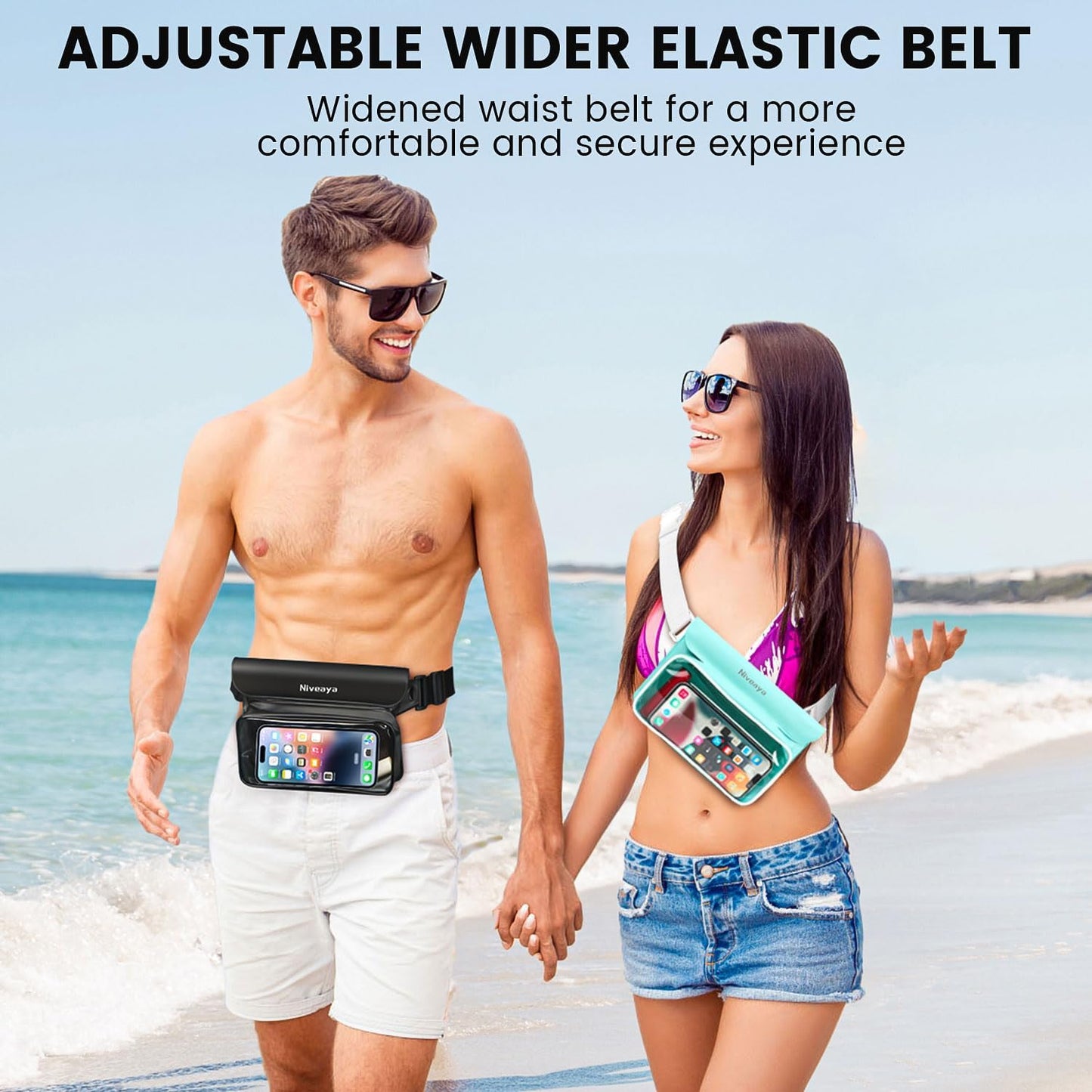 Niveaya IP68 Waterproof Fanny Pack - 2 Pack, Floating Dry Bag Pouch, Phone Waterproof Waist Pouch Dry Bag, Beach, Kayaking, Swimming, Boat Essentials, for iPhone 16/15/14/13/12 Pro Max up to 9.5"