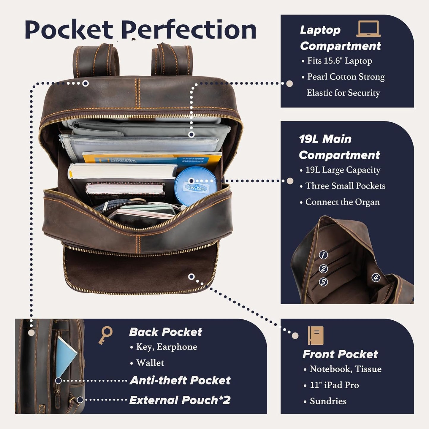 Leather Backpack for Men 15.6" Laptop Backpack 100% Madagascar top-Grain Leather Backpack Dark Brown Medium Size