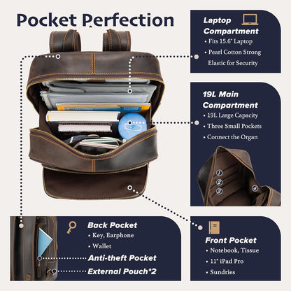 Leather Backpack for Men 15.6" Laptop Backpack 100% Madagascar top-Grain Leather Backpack Dark Brown Medium Size