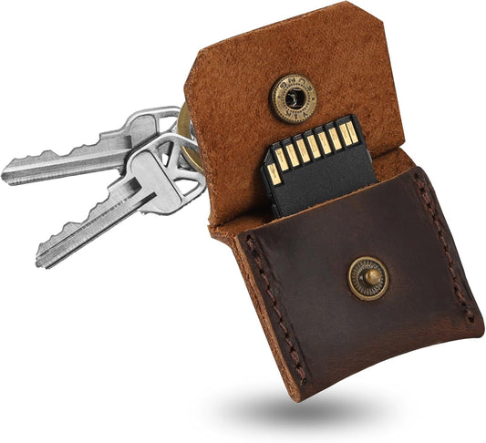 Jack&Chris Genuine Leather SD Card Holder Keychain, Anti-Shock Anti-Dust SD Card Case, Portable Camera Accessories for SD CF CFexpress Micro SD Nano SIM and Micro SIM Cards, Red Brown