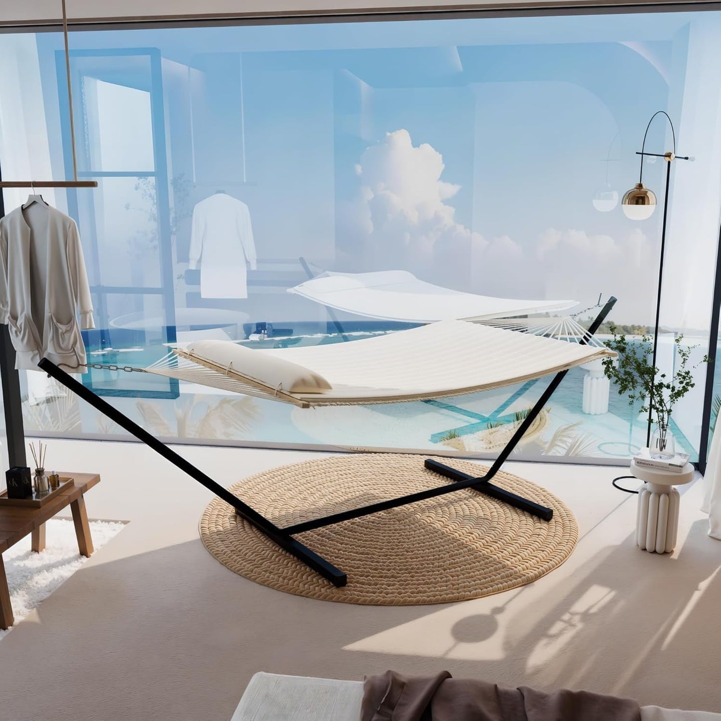 Double Hammock with Stand for 2 Persons Outdoor,Heavy Duty 450lb Capacity,with Portable Steel Frame,Cotton Rope,Polyester Pad and Carry Bag,Perfect for Garden Camping Beach Backyard Patio