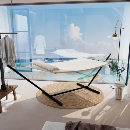 Double Hammock with Stand for 2 Persons Outdoor,Heavy Duty 450lb Capacity,with Portable Steel Frame,Cotton Rope,Polyester Pad and Carry Bag,Perfect for Garden Camping Beach Backyard Patio