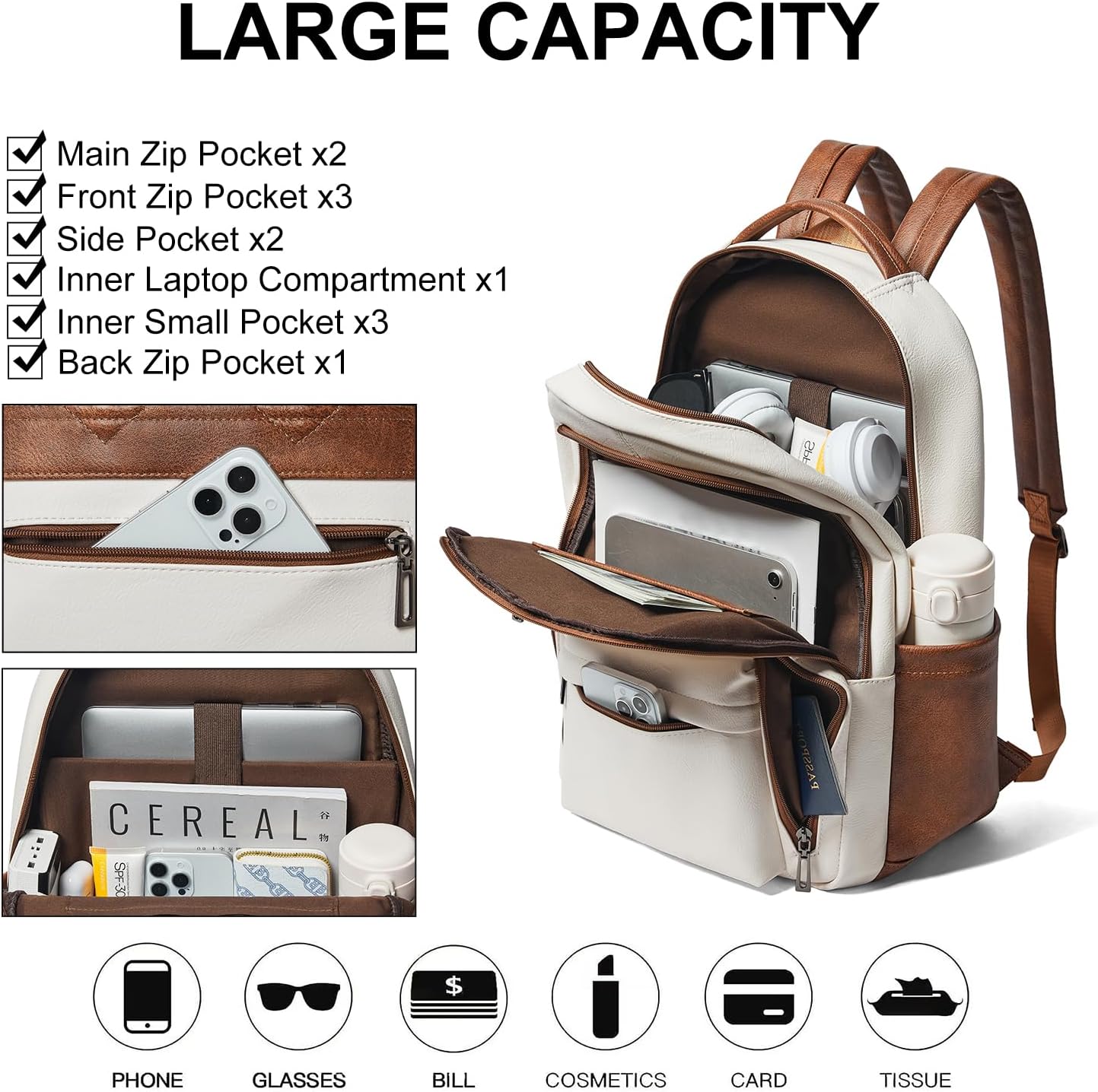 30L Business Laptop Backpack for Women Men, Travel Work Backpack Purse Faux Leather College Bookbag fits 15.6" Laptop - Beige