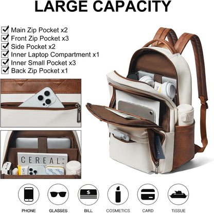 30L Business Laptop Backpack for Women Men, Travel Work Backpack Purse Faux Leather College Bookbag fits 15.6" Laptop - Beige