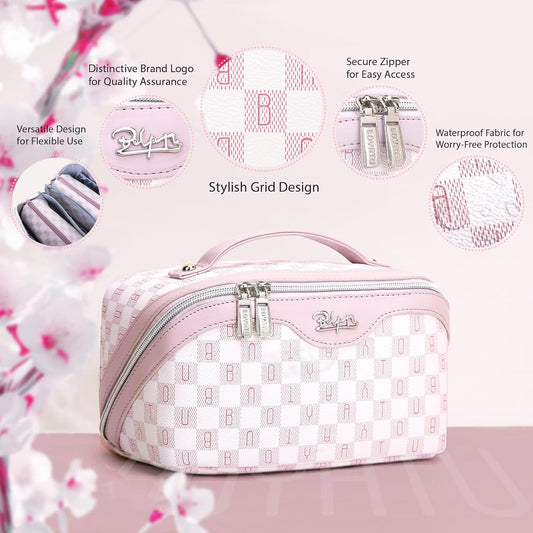 BOYATU Travel Makeup Bag Cosmetic Bags for Women: 3 Pcs Set Portable Make up Bag with Handle - Vegan Leather Toiletry Bags with Compartments - Makeup Organizer for Travel Essentials(02-Purple)