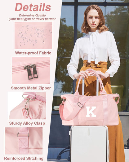 Initial Travel Duffel Bag Sports Gym Bag for Girls Teen Birthday Gifts,Pink Personalized Weekender Bag Carry On Tote Bags for Women Men,Waterproof Overnight Luggage Bag with Trolley Sleeve(Letter K)