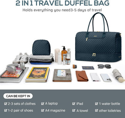 Travel Weekender Bags for Women - Duffle Bag Women with Shoe Compartment Carry On Overnight Bag with Toiletry Bag Duffel Bags with Wet Pocket for Gym Hospital Bags for Labor and Delivery Peacock Blue