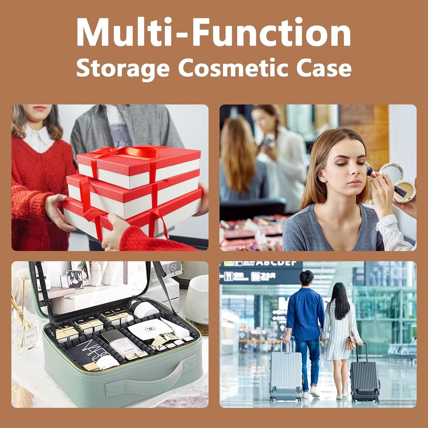 Travel Makeup Bag for Women and Makeup Artists Cosmetic Organizer Large Makeup Case,Travel Makeup Bag with Mirror 3 Color Setting,Portable Storage and Adjustable Dividers(CARAMEL COLOR)