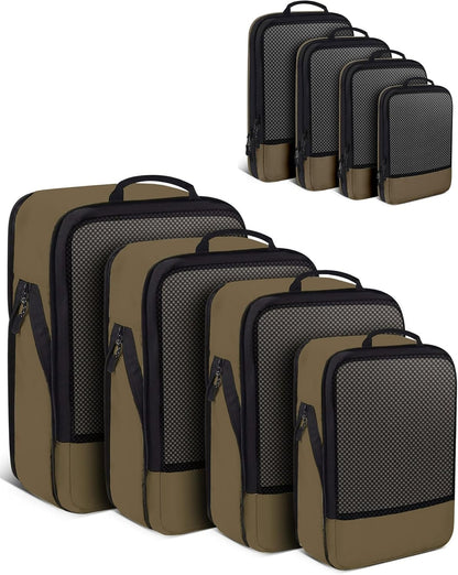 4 PCS Set Compression Packing Cubes for Travel, Lightweight Packaging Organizer Bags for Carry On Space Saving, Travel Essentials Cubes for Suitcase Backpack, Brown