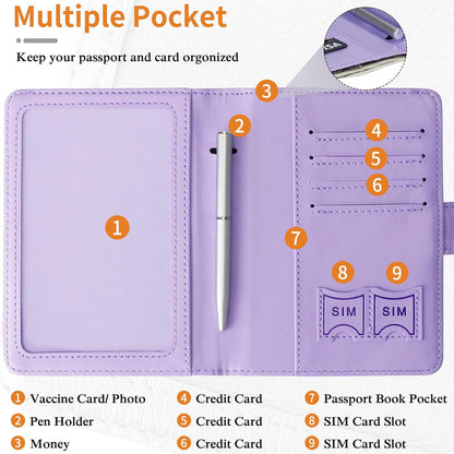 TIGARI Passport Holder for Travel Women Men, PU Leather Waterproof RFID Passport Holder Wallet Cover Case Sleeve, Family Vacation Plane Cruise Travel Document Organizer Essentials-Purple