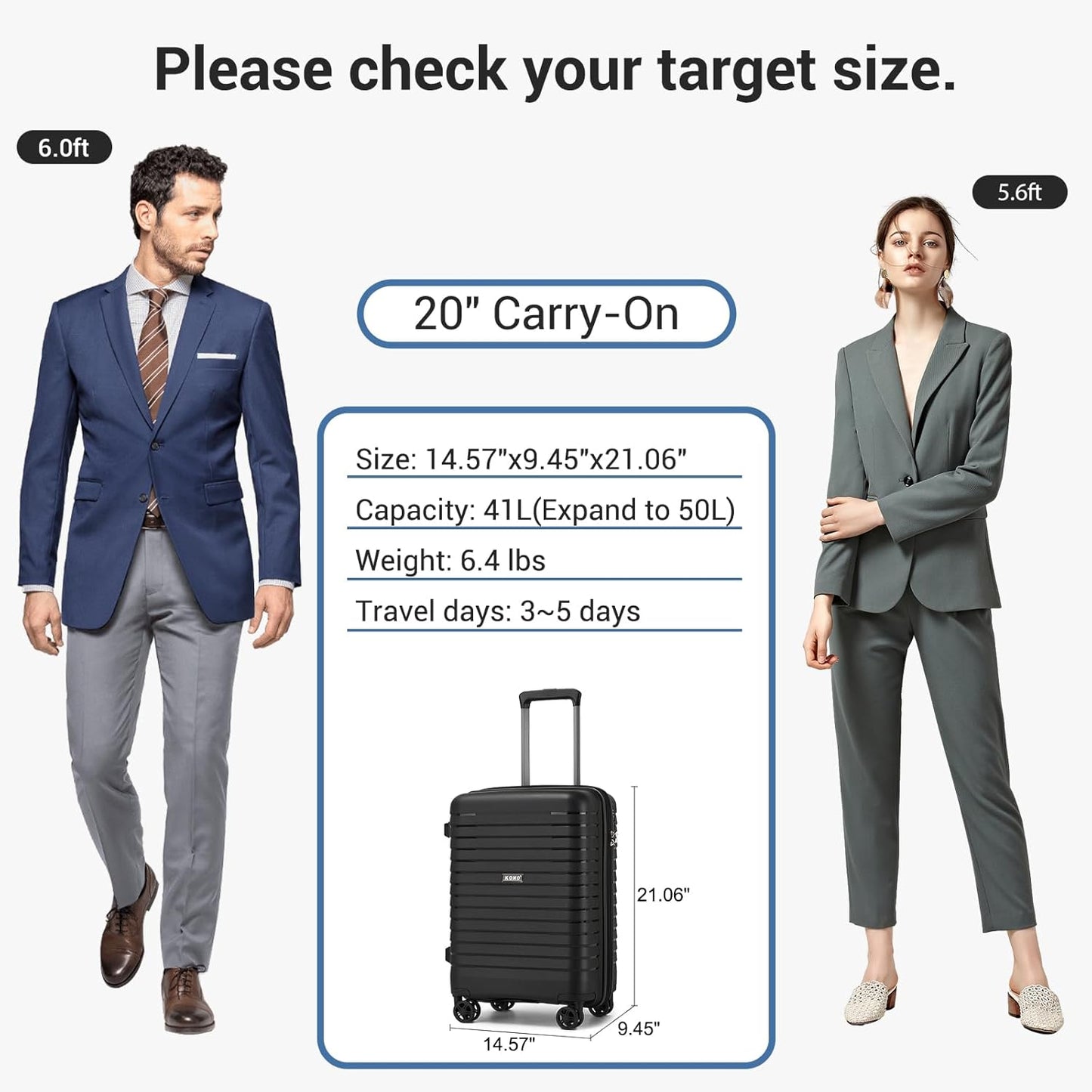 Kono 20 Inch Expandable Carry On Luggage with Spinner Wheels, Durable Hardside Luggage with Hidden Cup Holder, Lightweight Hard Shell Carry On Suitcase Airline Approved with TSA Lock(Black)
