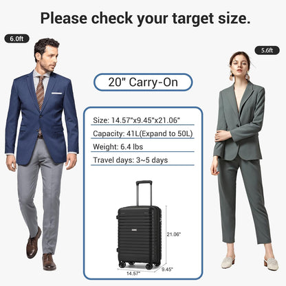 Kono 20 Inch Expandable Carry On Luggage with Spinner Wheels, Durable Hardside Luggage with Hidden Cup Holder, Lightweight Hard Shell Carry On Suitcase Airline Approved with TSA Lock(Black)