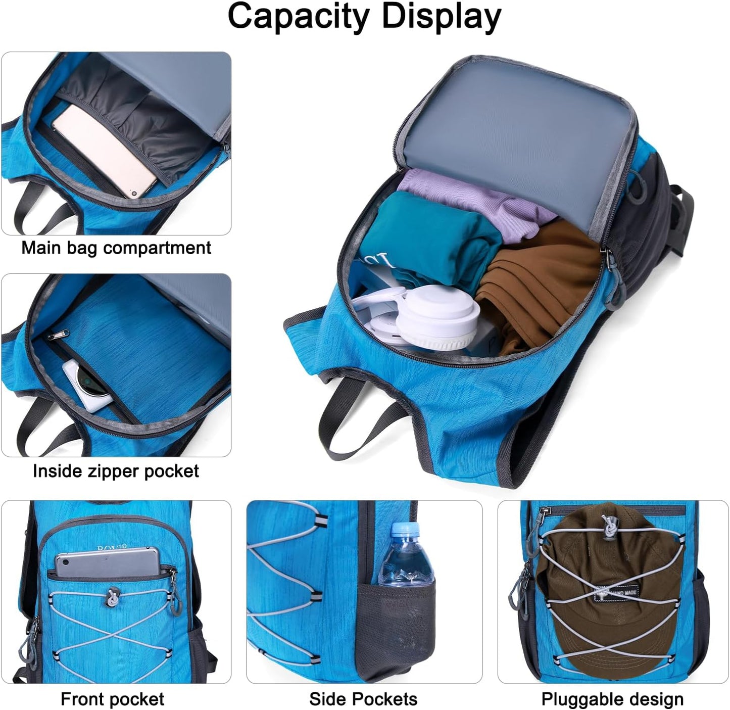 BOVIP 20L Hiking Backpack Lightweight Packable Hiking Daypack Small Travel Outdoor Foldable Shoulder Bag Blue