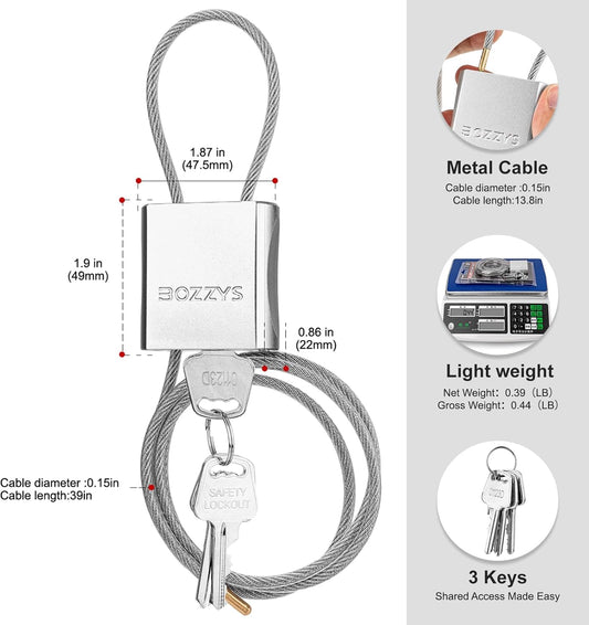Adjustable Cable Locks with 3 Keys | 3.28ft L x 1/6in D Aluminum Steel Cable Padlock for Bikes, Gate, Lockers & Outdoor Gear | Keyed Different & Silver