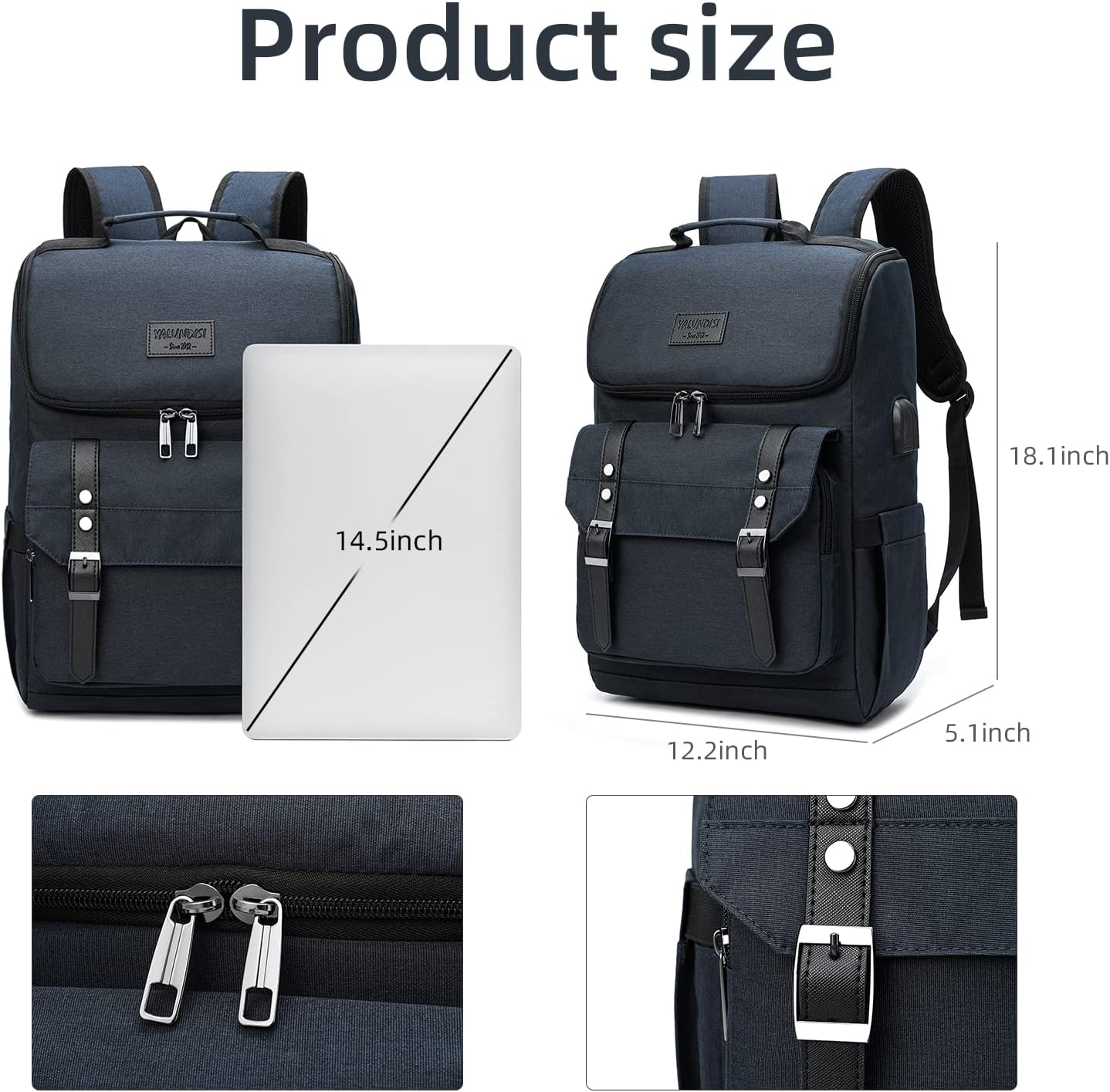 YALUNDISI Vintage Backpack Travel Laptop Backpack with usb Charging Port for Women & Men College Backpack Fits 15.6 Inch Laptop Blue