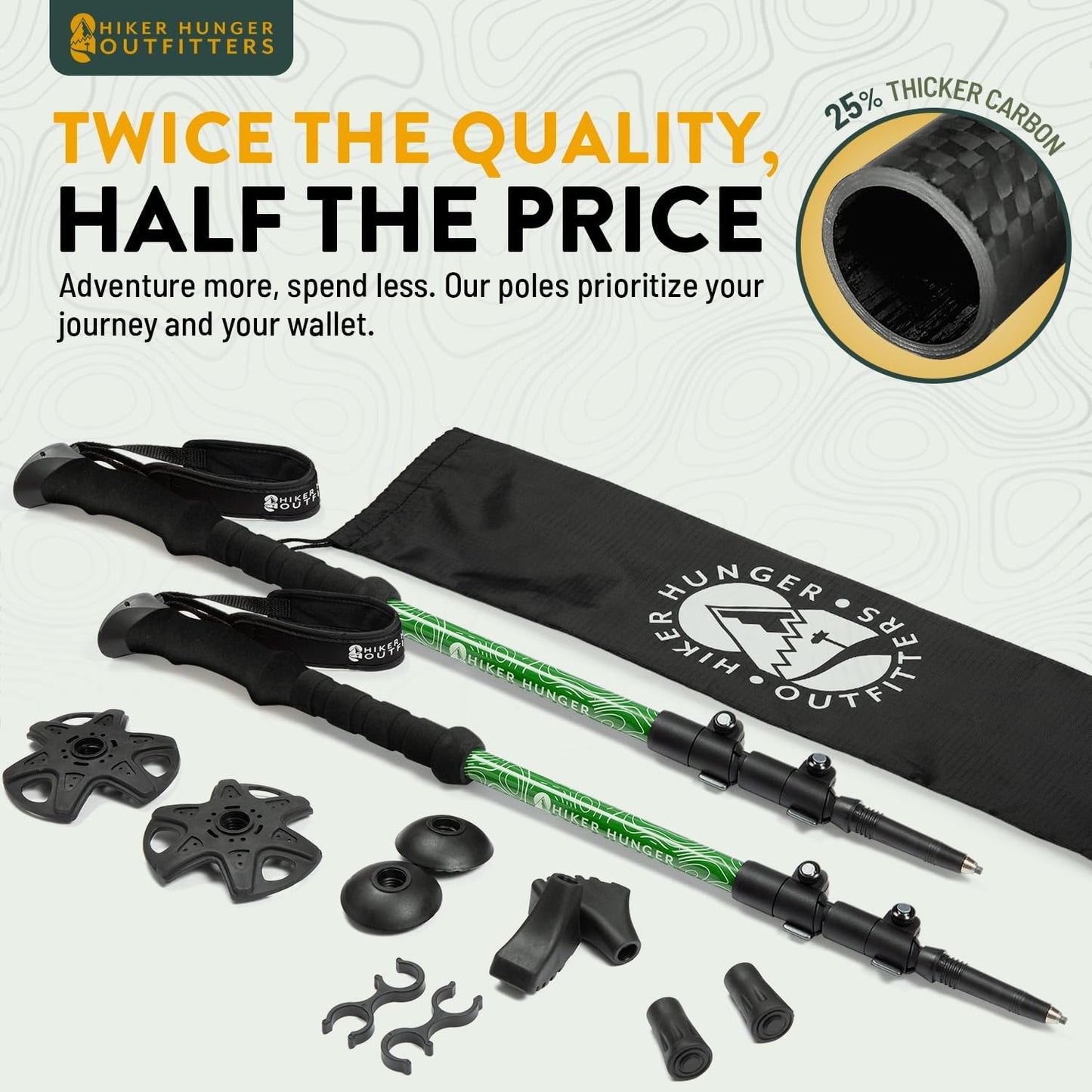 100% Carbon Fiber Trekking Poles by USA Brand - Ultra Strong Lightweight Collapsible Hiking Poles with Cork and EVA Foam Grips & Quick Adjustable Flip Locks