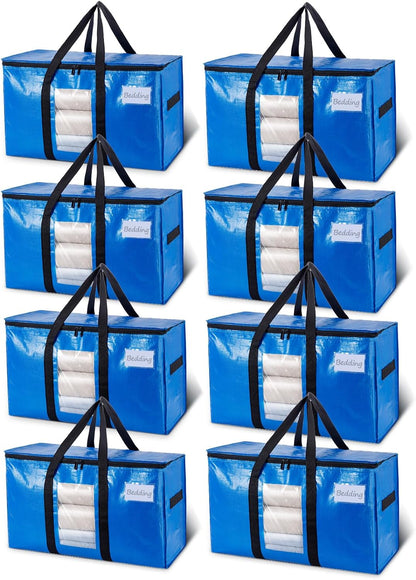 TAILI Extra Large Moving Bags, 8 Pack Blue Heavy Duty Totes For Storage with Visible Window, Wrap Around Handles, Storage Bags for Space Saving, Alternative to Moving Boxes