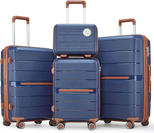 4-Piece Luggage Set with Double Spinner Wheels, Expandable Hardside Suitcases with TSA Lock (14/20/24/28), Durable PP Material Hardshell Travel Luggage for Men and Women (Blue)