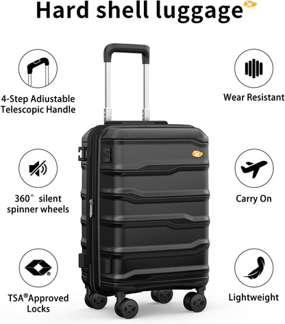 Carry On Luggage 22x14x9 Airline Approved, 20 Inch Ultra Lightweight Hardshell Suitcase with 8 Spinner Wheels & TSA Lock, Fits United, Delta, American Airlines Overhead Bins, Black