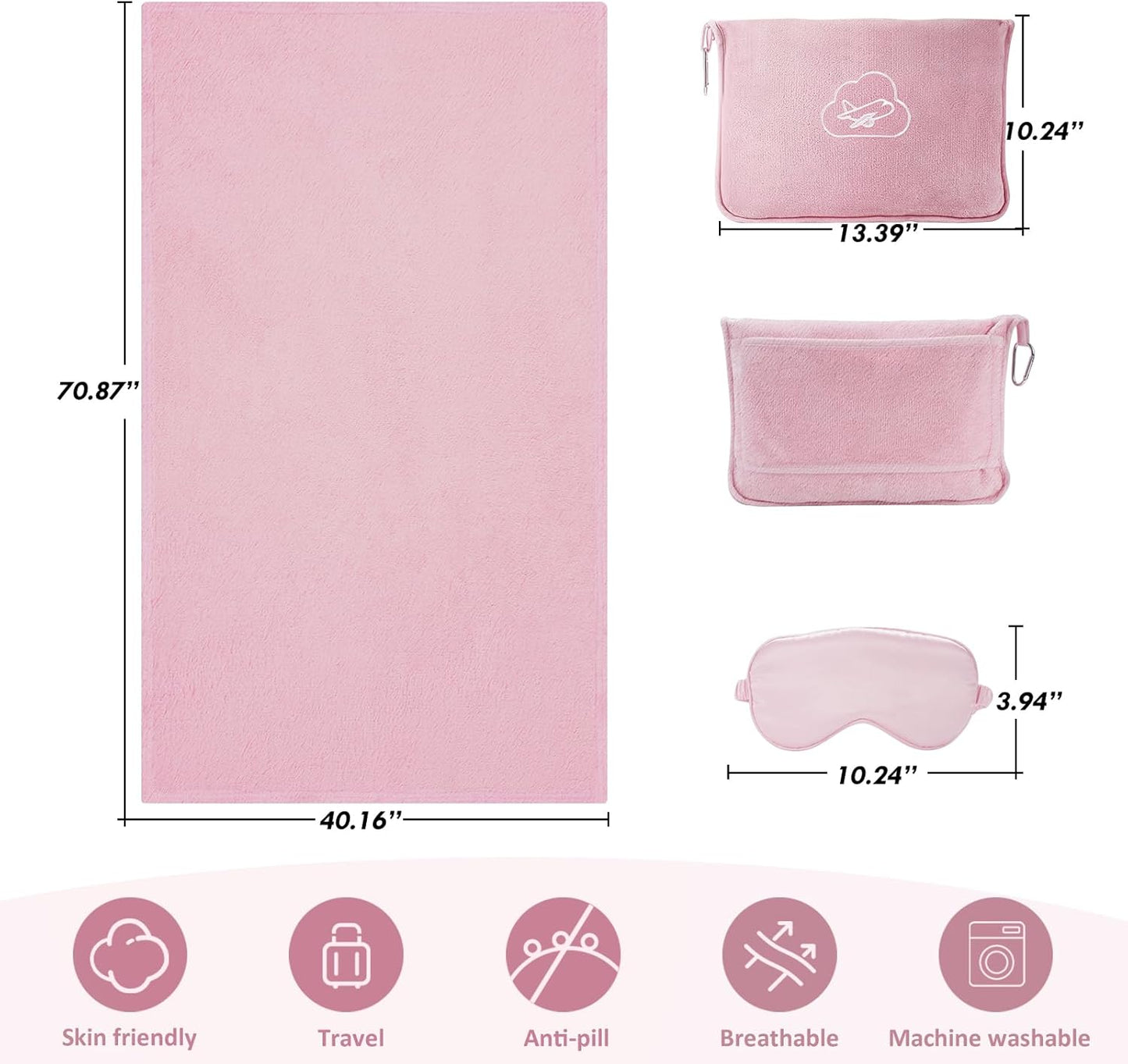 Travel Blanket, Airplane Blanket with Bag, Ultra-Soft, Warm & Lightweight, 65x40 in, Outdoor Blanket Essentials for Women, Men & Kids, Included Eye Mask, Luggage Sleeve & Backpack Clip