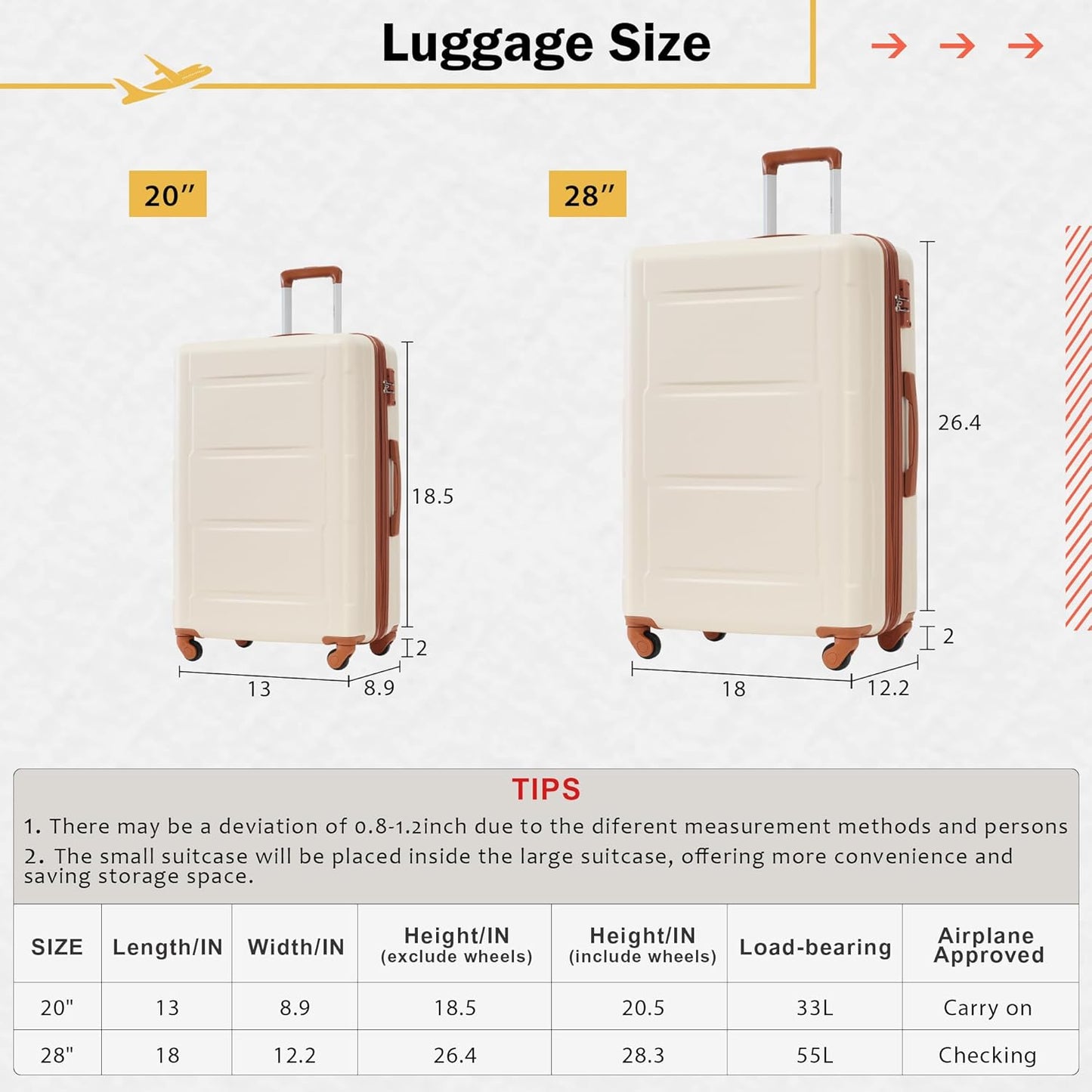 Merax Luggage Set 2 Piece Suitcase Sets with Spinner Wheel,Lightweight Hardside Expandable Travel Laggage with TSA Lock,Suitcase with Travel Bag(20"/28",Khaki & Brown)