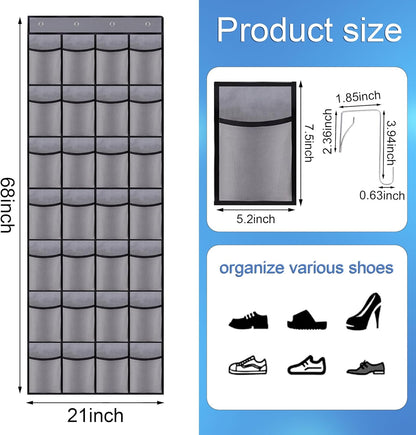 28 Mesh Pockets Hanging Shoe Organizer, Over the Door Shoe Organizer，Closet Storage Holder for Back of Door Storage Holder for Back of Door(Grey)