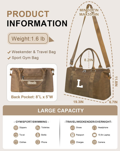 Birthday Graduation Gifts for Daughter,Initial Travel Duffel Bag Sports Gym Bag for Girls Teen Kids Birthday Gifts,Personalized Weekender Bag Carry On Tote Bags Cute Overnight Bag for Women(Brown, L)