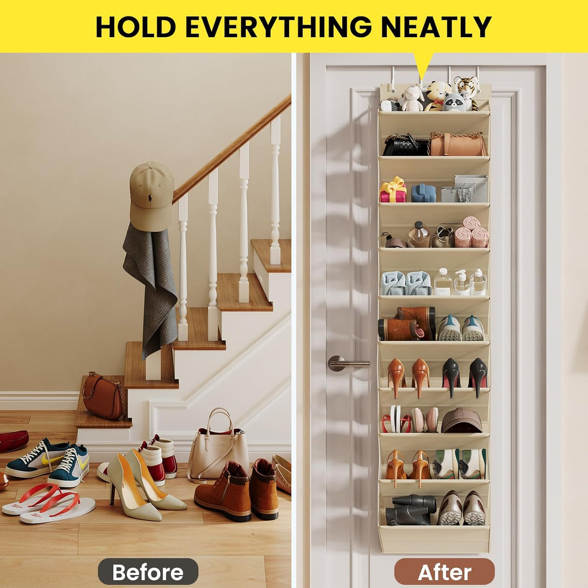 Over the Door Shoe Organizer for Closet, Shoes Rack with 10 Tier PVC Window Deep Pockets, Hanging Shoe Organizers for Boot Storage, Behind the Door Narrow Shoe Holder for Small Shoes, Beige