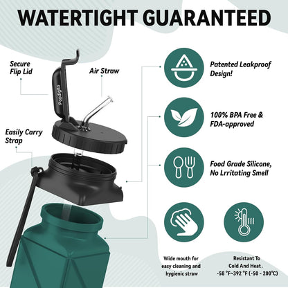 Collapsible Water Bottles 20.6oz Foldable Water Bottle BPA Free Reusable Lightweight LeakProof Travel Silicone Water Bottles for Travel Gym Hiking Camping (Upgrade Dark Green)