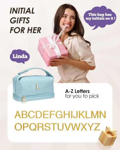 Gifts for Women - 30th 40th 50th 60th 70th Birthday Gifts, Personalized Makeup Bag with Handle, Initial Double Layer Cosmetic Bag with Makeup Brush Organizer, Gifts for Friends Female