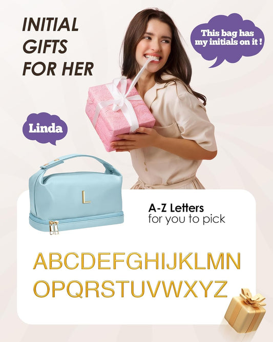 Cute Gifts for Women, Personalized Makeup Bag with Handle, Initial Double Layer Cosmetic Bag with Makeup Brush Organizer, Teacher Appreciation Gifts for Women, Gifts for Friends Female Mom