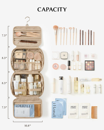 EACHY Hanging Toiletry Bag, Satin 4 Compartments Travel Toiletry Bags for Women, Large Capacity Make Up Organizer Bag with Handle & Compartments (Camel, L)